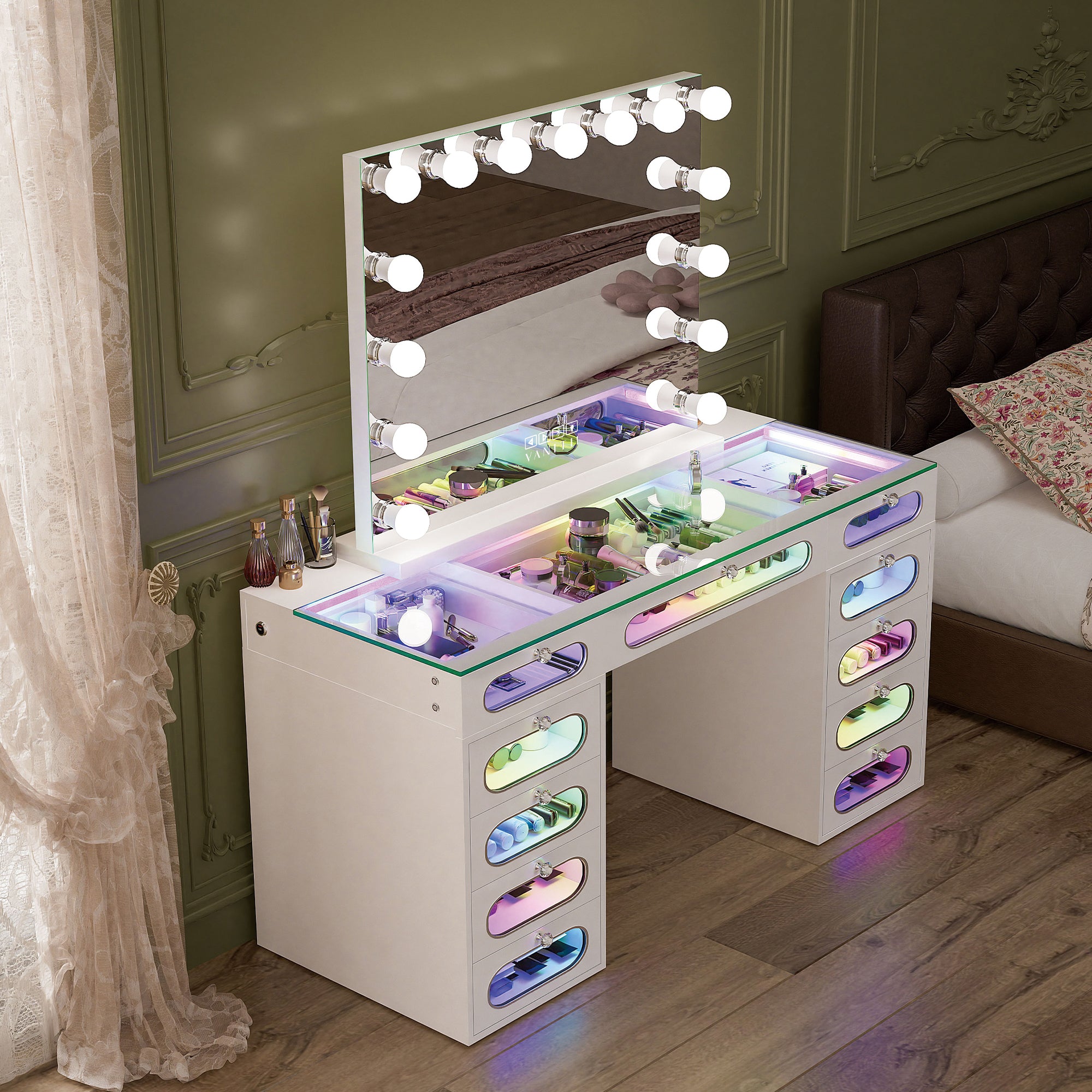 New Release ! VANITII Priscilla Vanity Desk-11 Glass Fronted Drawers with Crystal Handles