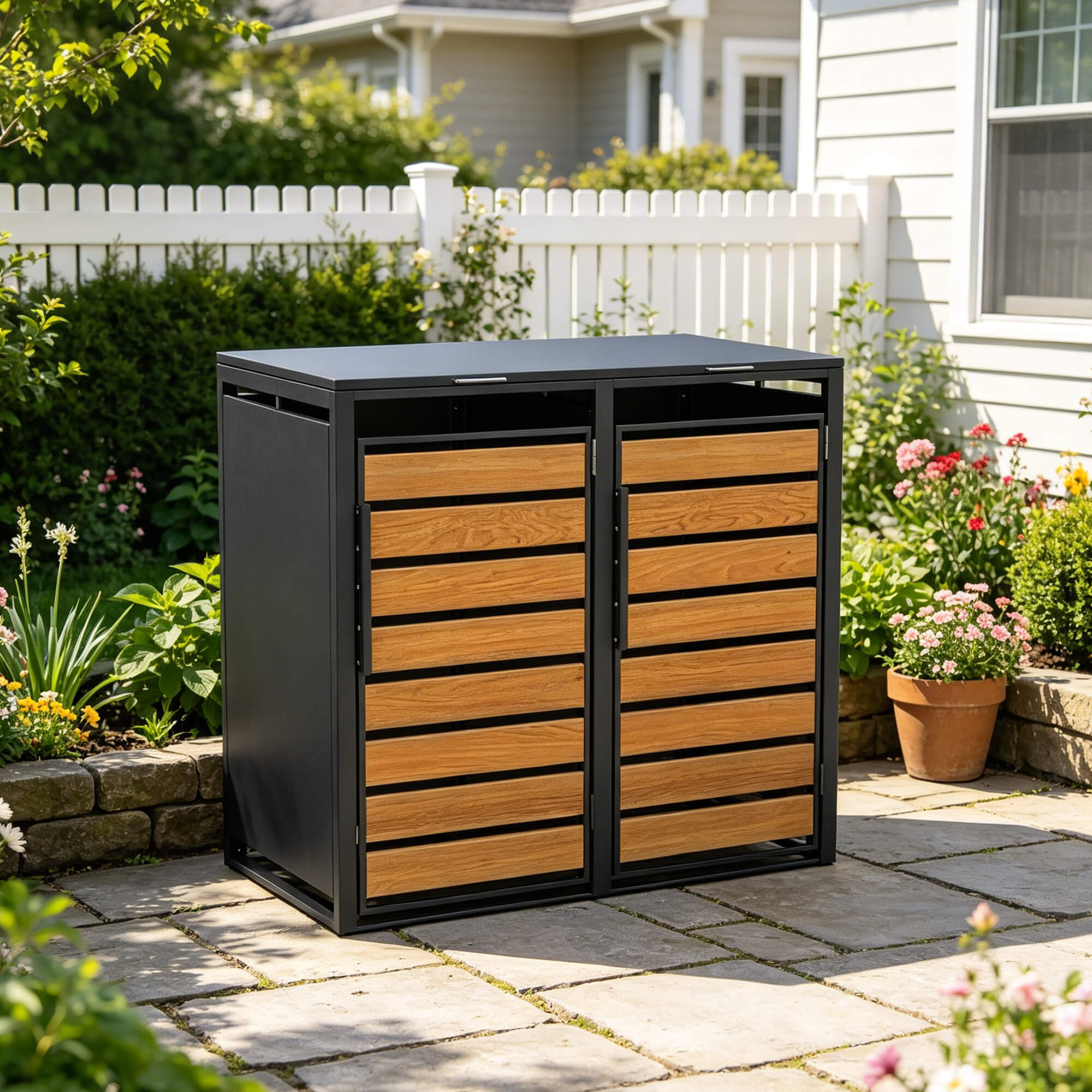 Double-Door Stell Trash Can Enlosure With Nature Wood Grain Front Door