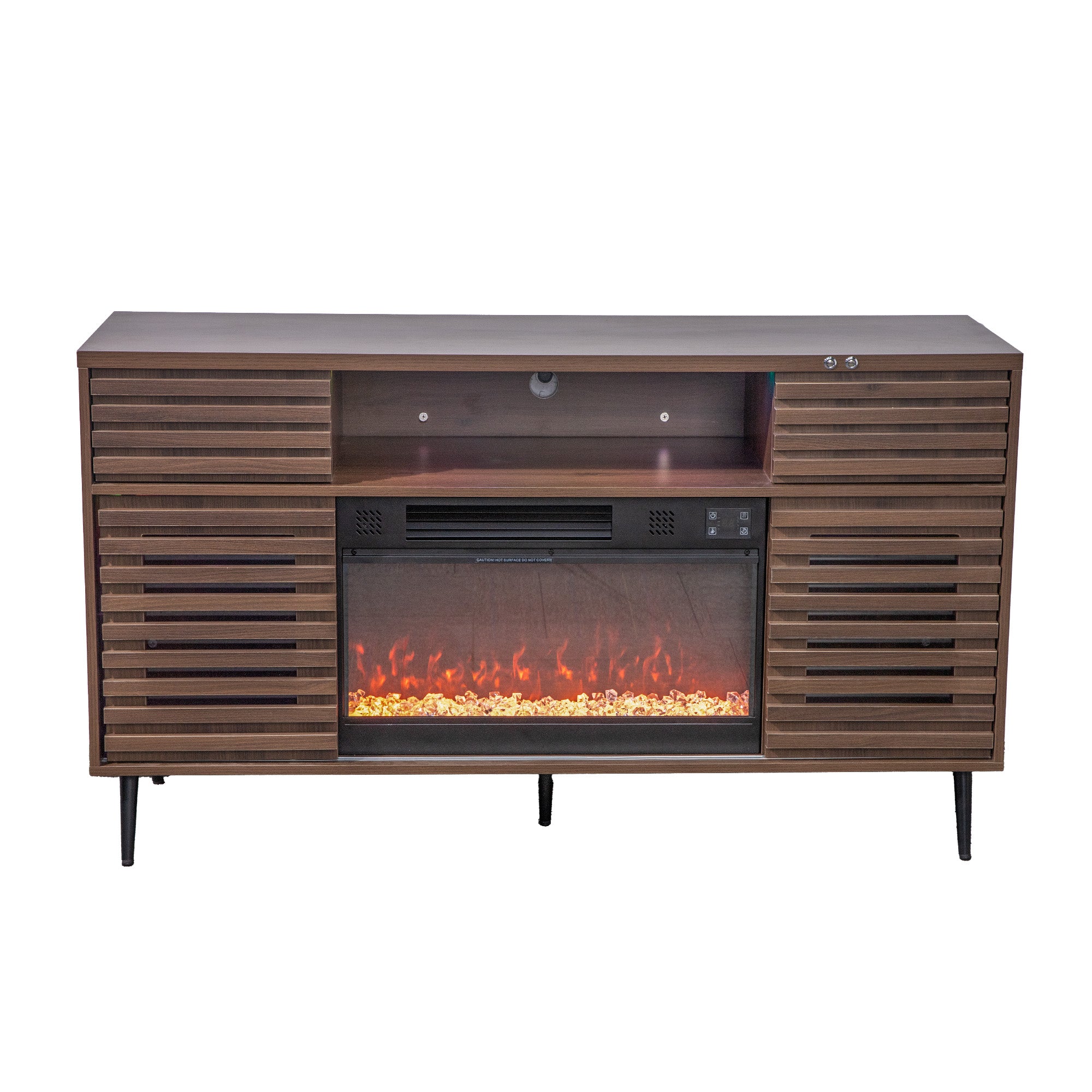 A modern walnut-coloured TV stand with a built-in electric fireplace, featuring louvred doors and ample storage space.