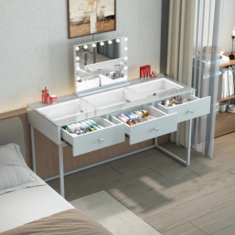 VANITII Billie 3 Storage Drawers Vanity Desk-White Light