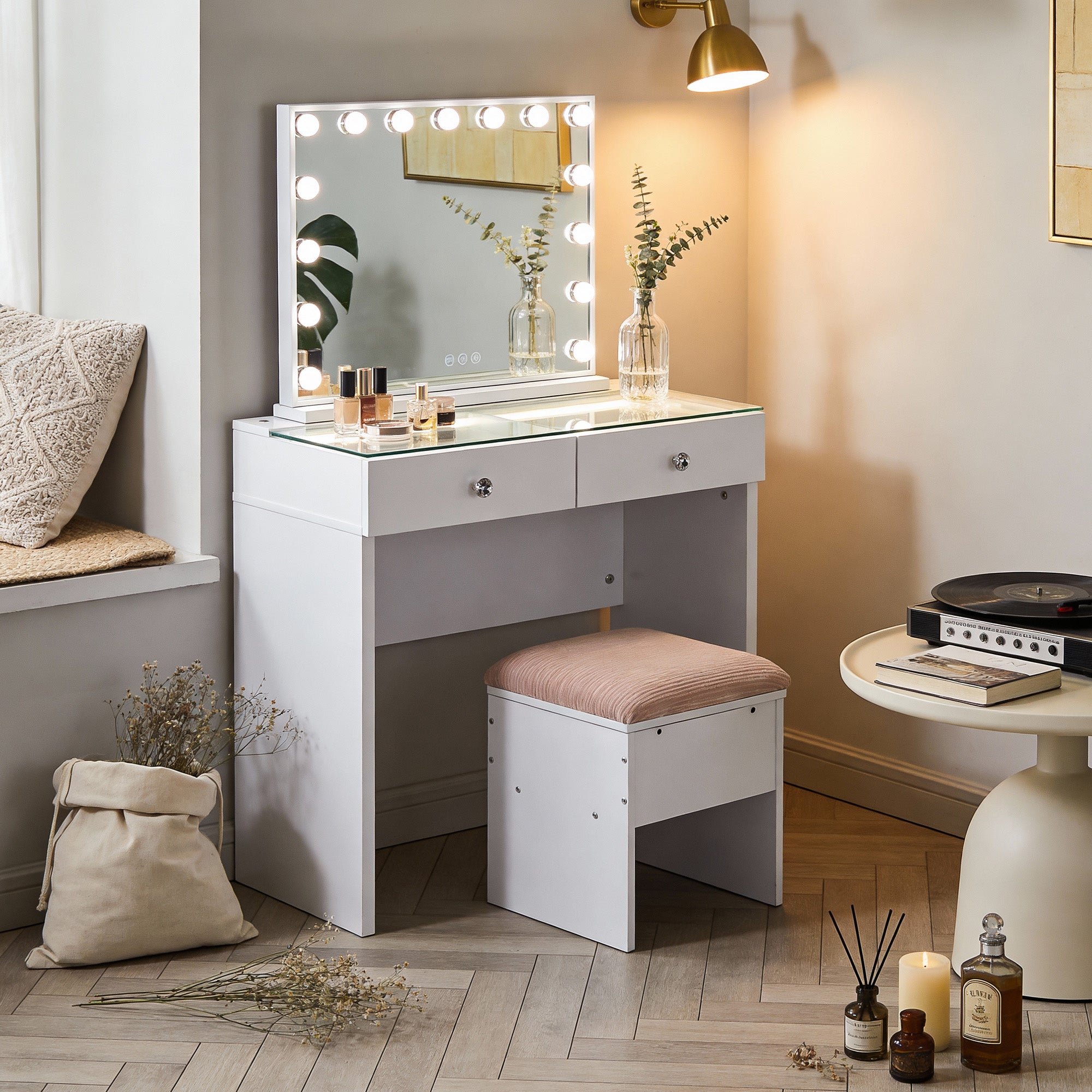 VANITII Aisling Vanity Desk features 2 Storage Drawers with Crystal Handles,built-in adjustable light strip on the desktop.It features a simple white design.When placed in the bedroom, it perfectly combines beauty and functionality.
