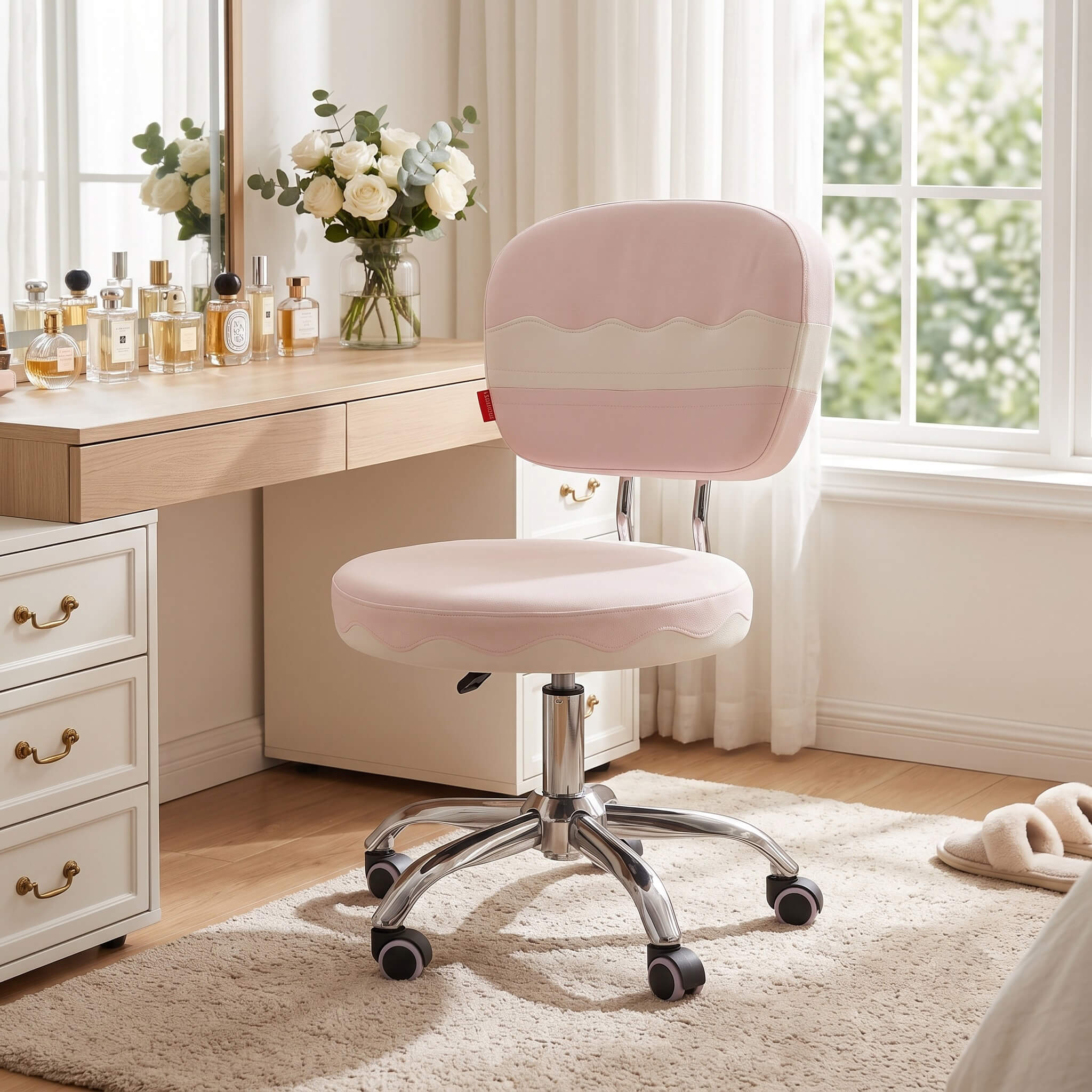 VANITII Cake pink velvet vanity chair with wheels in bedroom setting