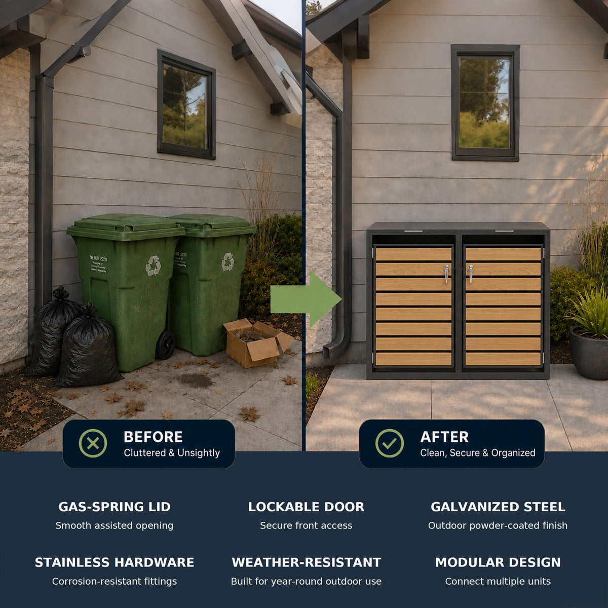 Double-Door Stell Trash Can Enlosure With Nature Wood Grain Front Door