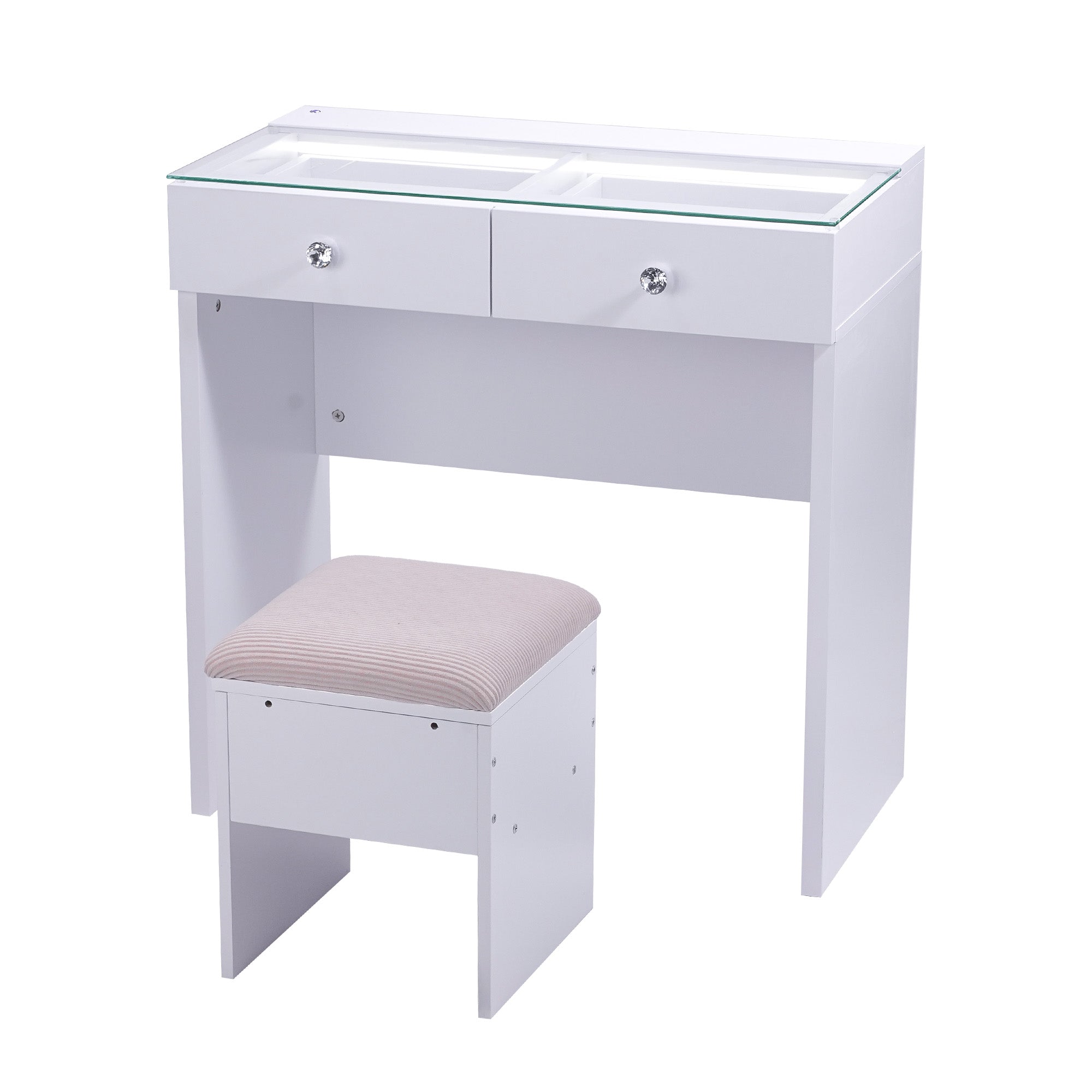 VANITII Aisling Vanity Desk features 2 Storage Drawers with Crystal Handles,built-in adjustable light strip on the desktop.It features a simple white design and perfectly combines beauty and functionality.