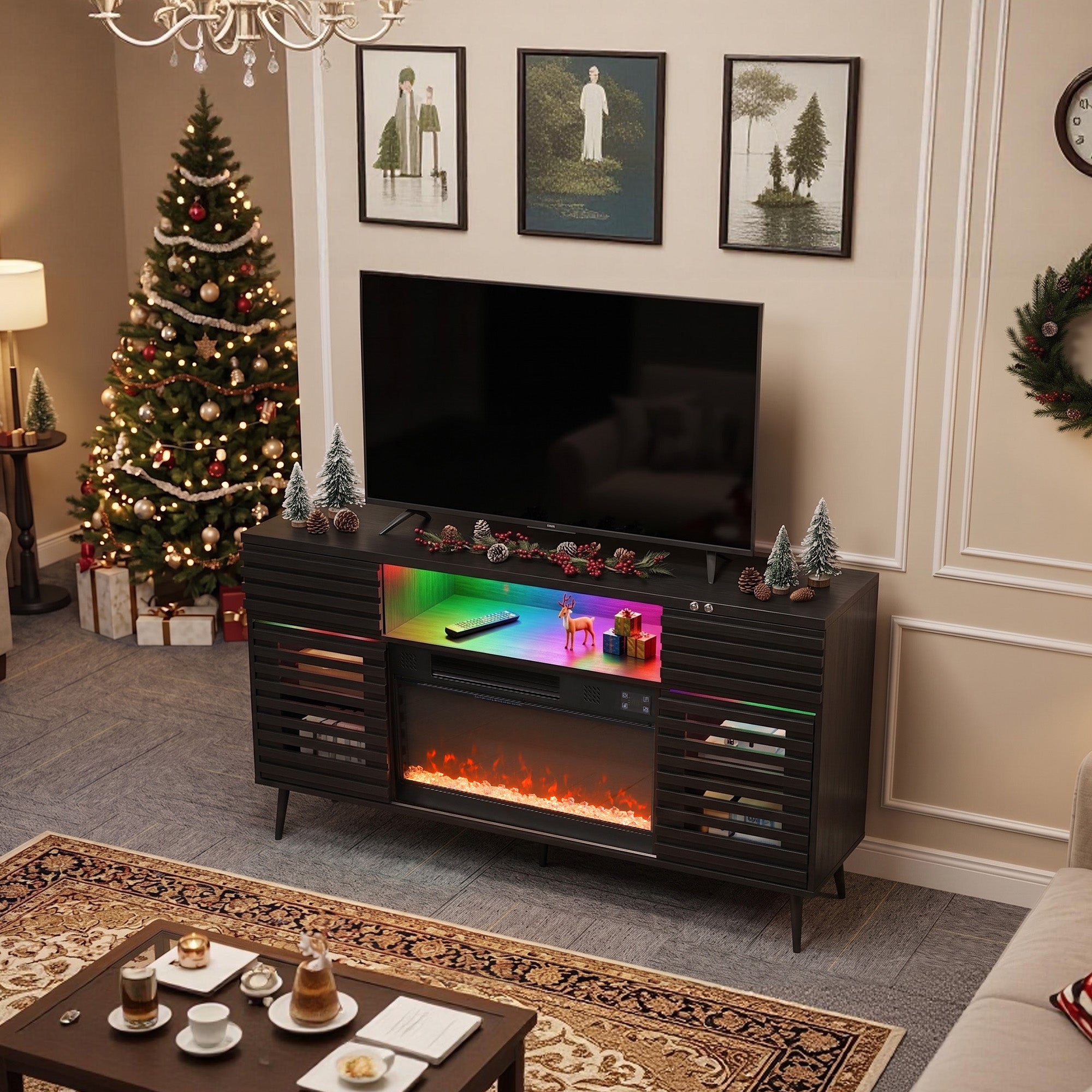 VANITII Mid-Century Fully Assembled Sita TV Stand with Electric Fireplace