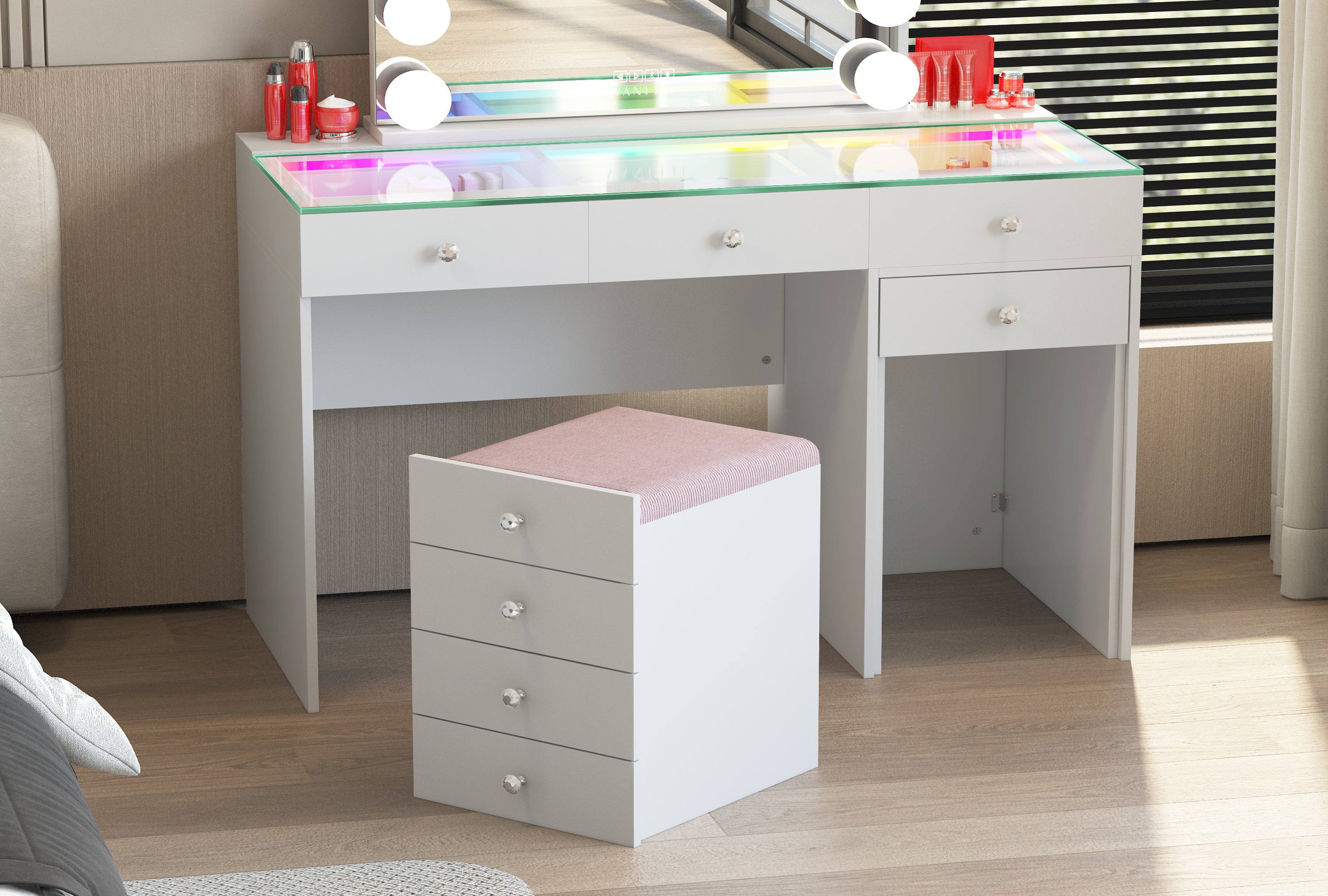 VANITII Diana 8-Drawer Vanity Desk with Hidden Storage Stool
