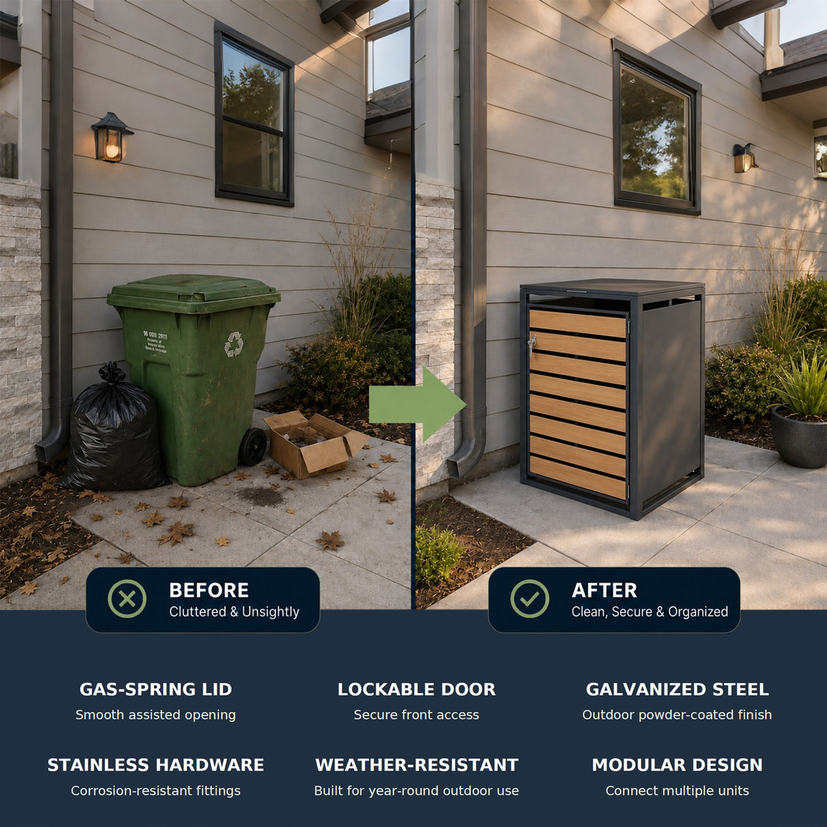 Single-Door Steel Trash Can Enclosure With Nature Wood Grain Front Door