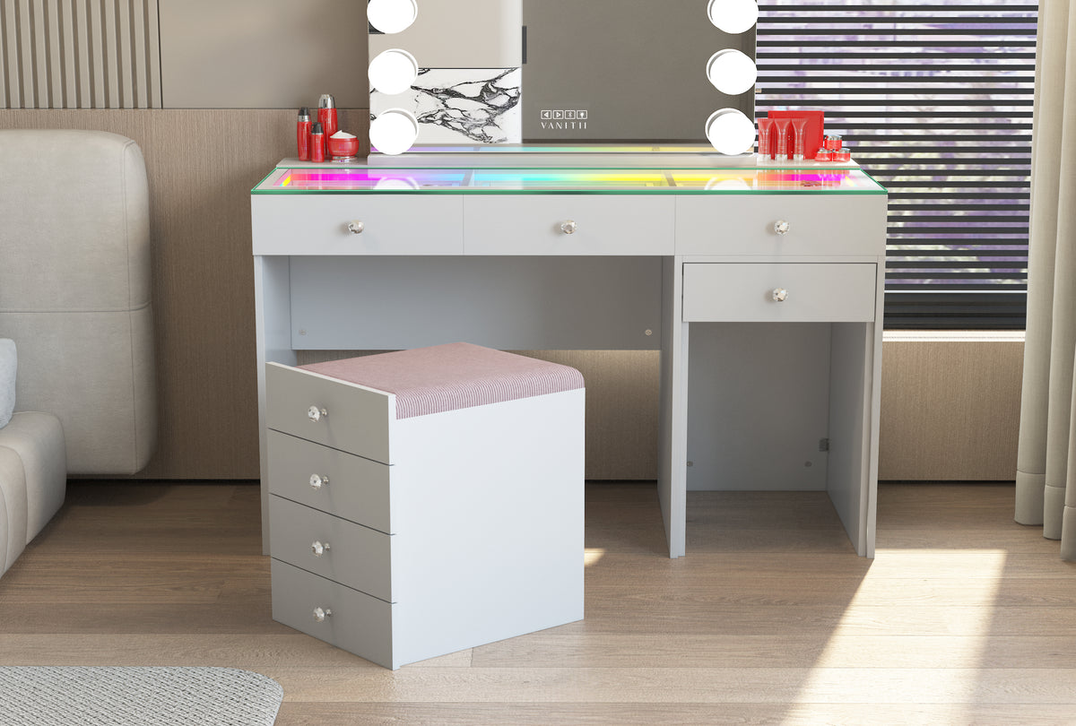 VANITII Diana 8-Drawer Vanity Desk with Hidden Storage Stool