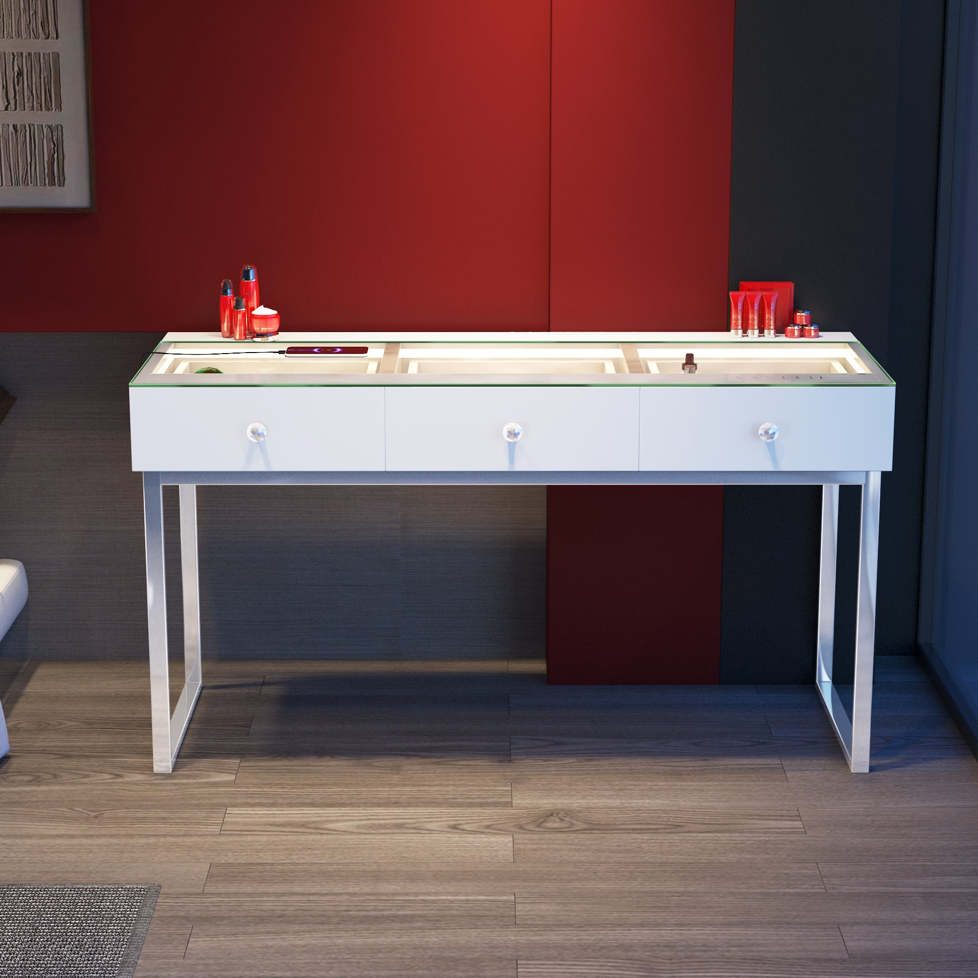 VANITII Billie 3 Storage Drawers Vanity Desk-White Light