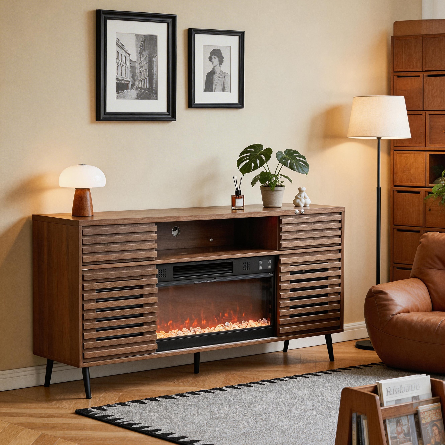 A vintage-style walnut-coloured electric fireplace TV stand, placed in a cosy living room.