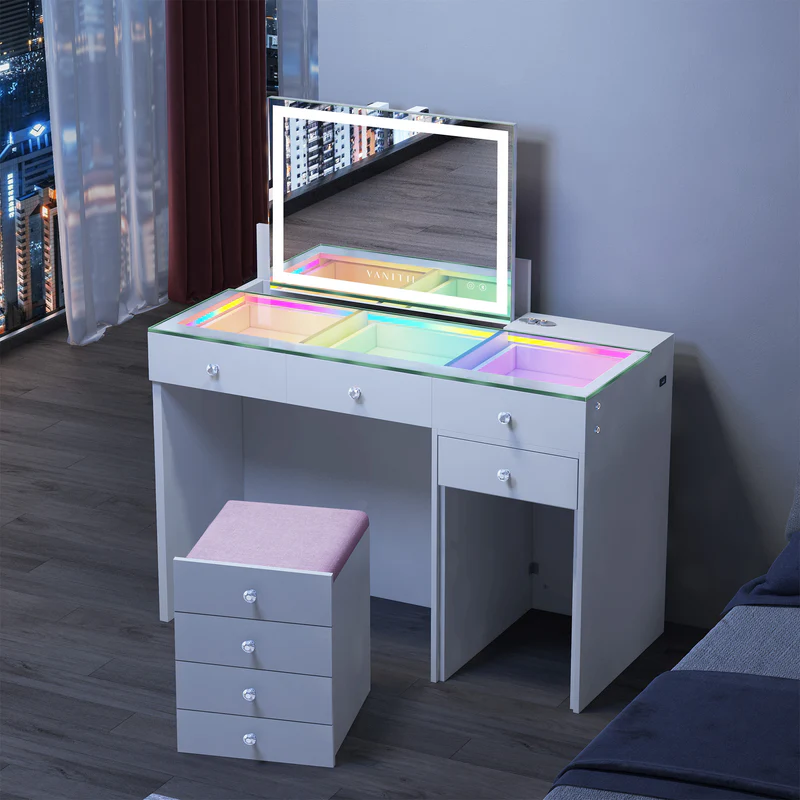 ASCEND Vanity Set featuring a LED vanity mirror, a RGB light strip glass countertop, and a hidden storage stool.It is entirely designed in a simple white style.Placed in the bedroom, combines fashion with practicality perfectly.