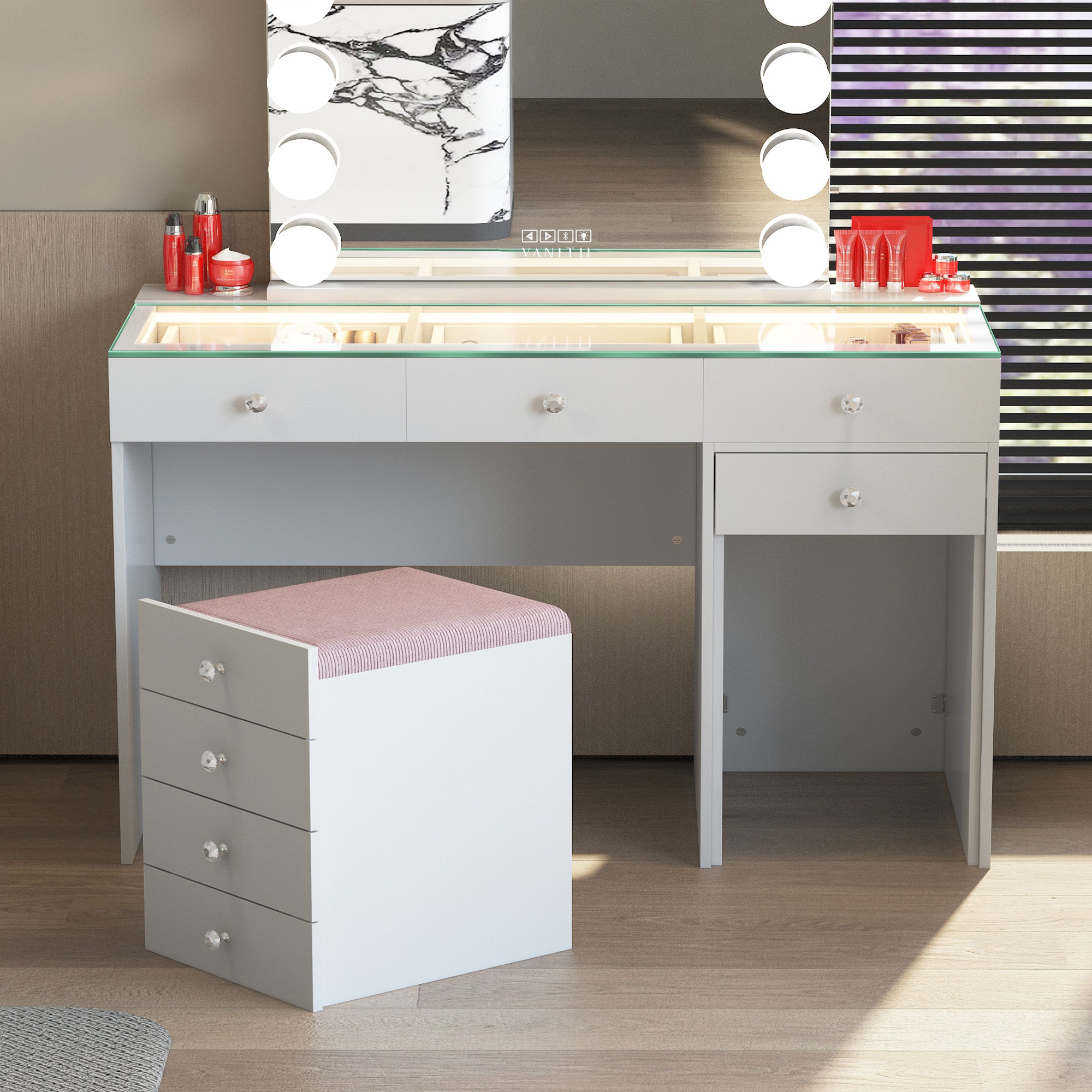 VANITII Diana 8 Drawers Vanity Desk Includes a Soft Hidden Stool With Storage Space