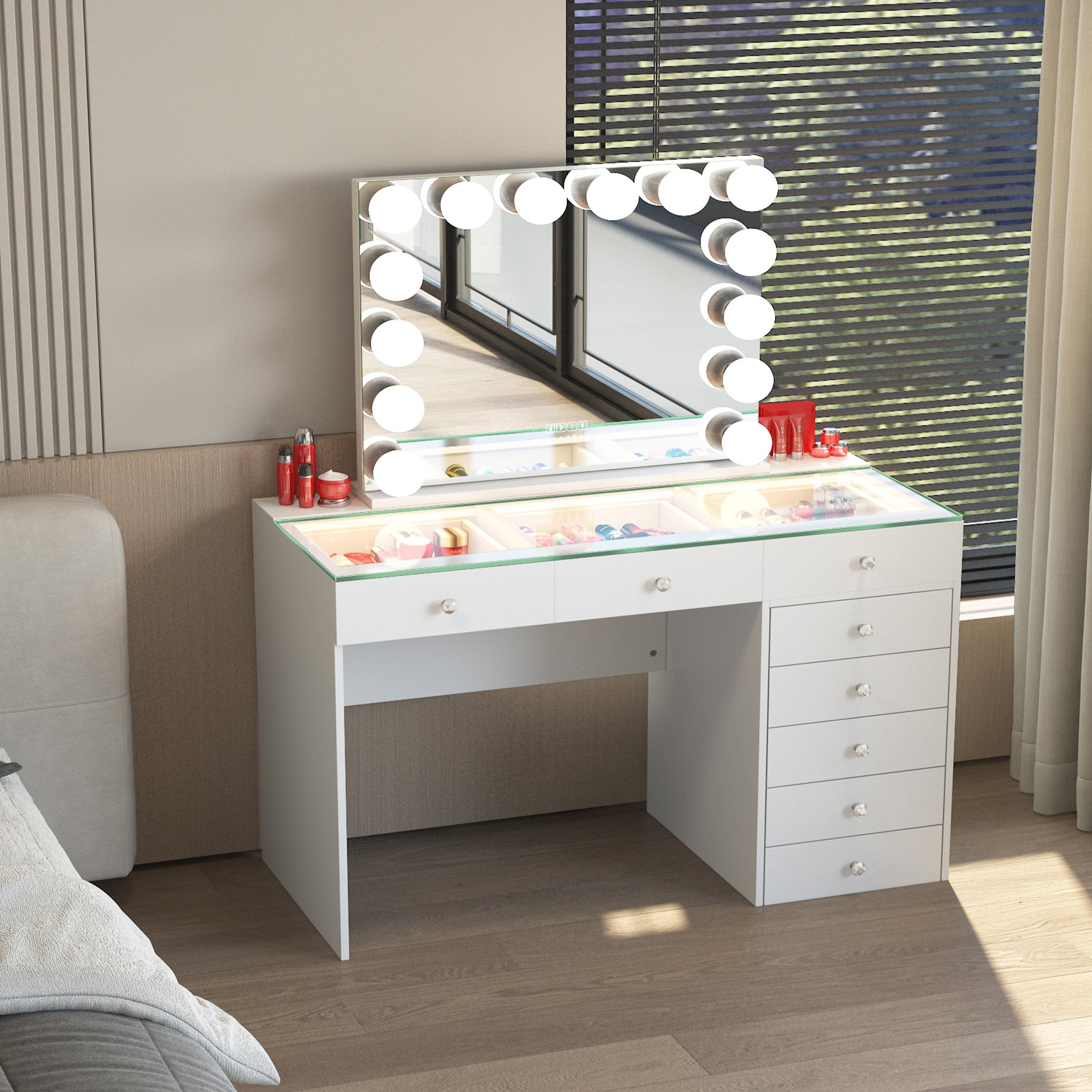 VANITII Diana 8 Drawers Vanity Desk Includes a Soft Hidden Stool With Storage Space