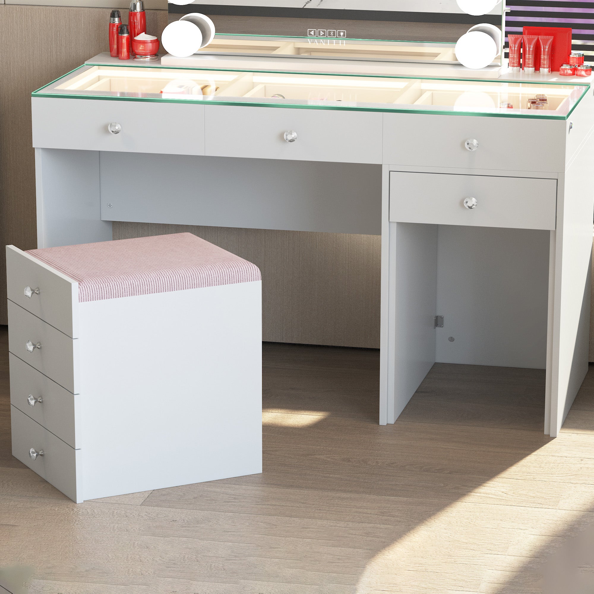 VANITII Diana 8 Drawers Vanity Desk Includes a Soft Hidden Stool With Storage Space