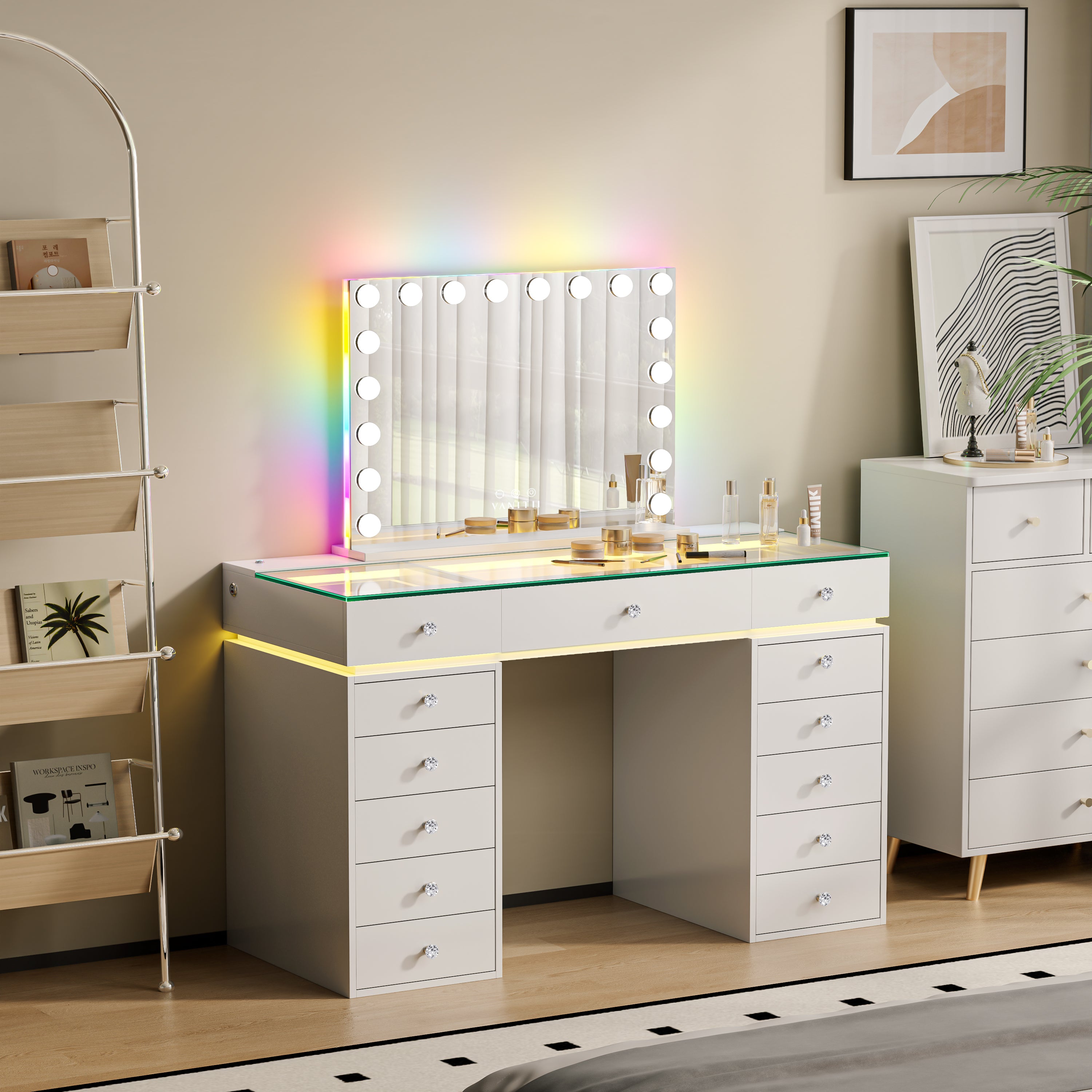 VANITII Mini Eva vanity table with 13 storage drawers and a glass display top featuring built-in 3 color LED light.It is entirely designed in a simple white style. Placed in the bedroom, it perfectly combines fashion and practicality.