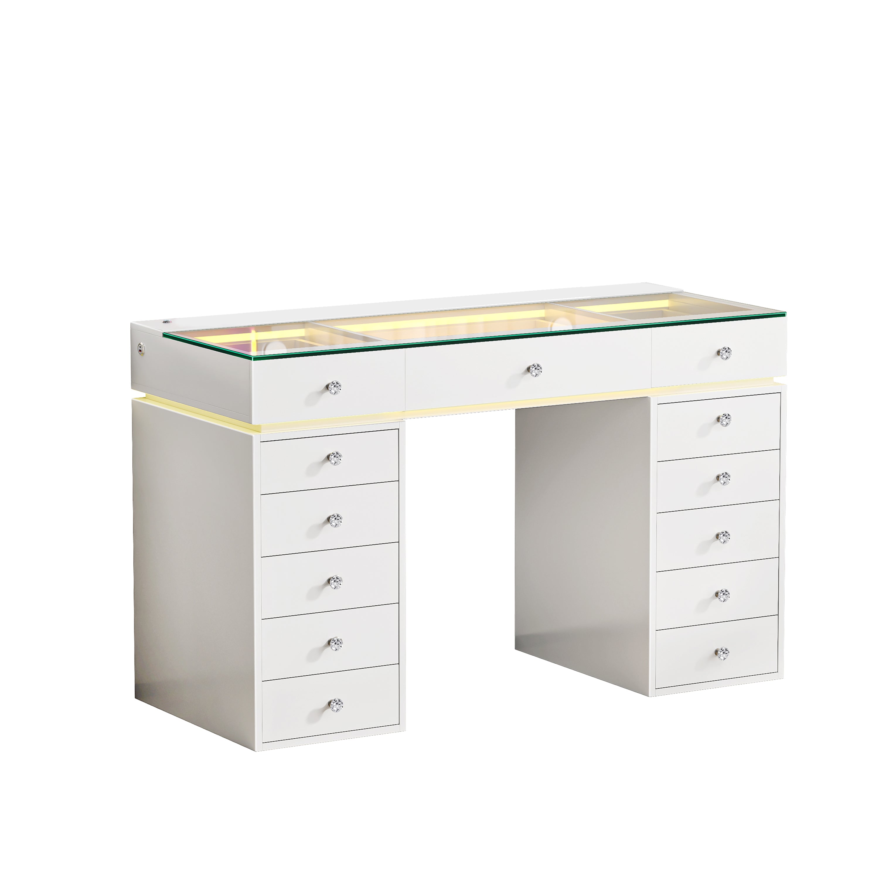 VANITII Mini Eva vanity table with 13 drawers and a glass display top featuring built-in 3 color LED light.It is entirely designed in a simple white style. 