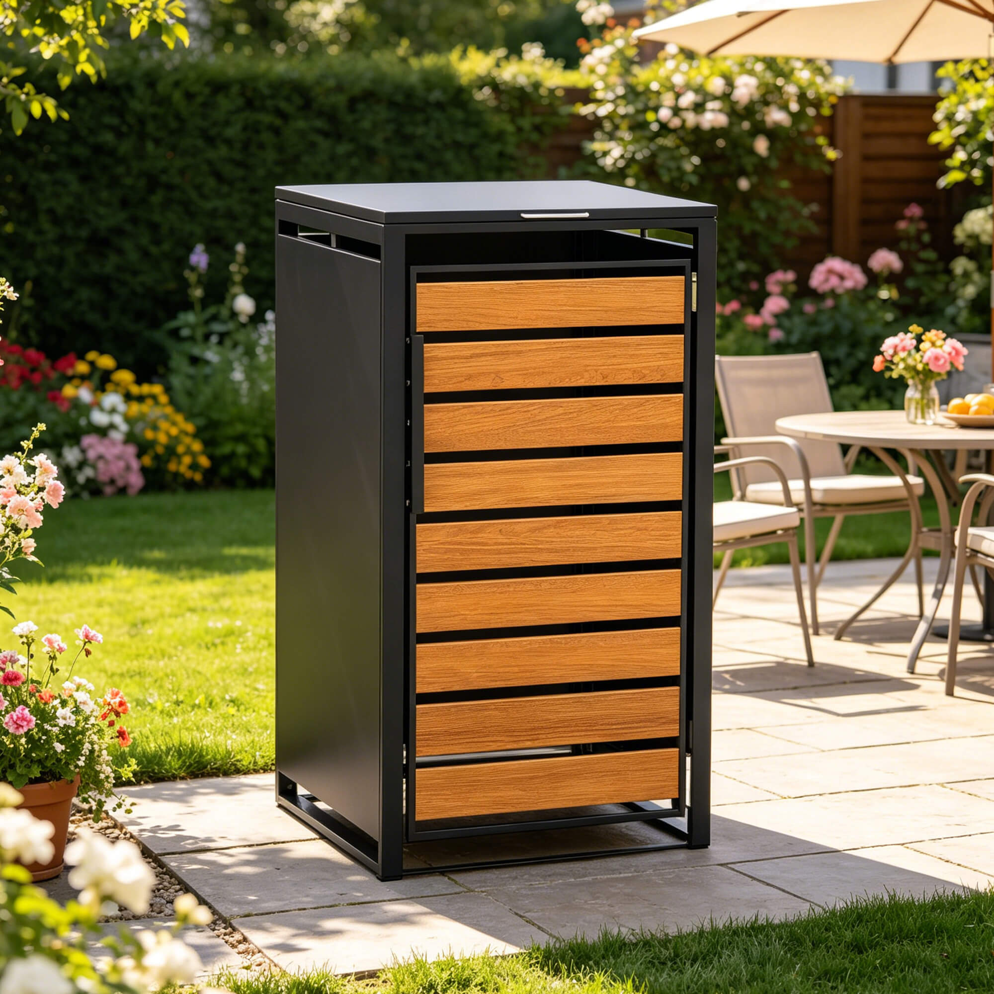Single-Door Steel Trash Can Enclosure With  Nature Wood Grain Front Door