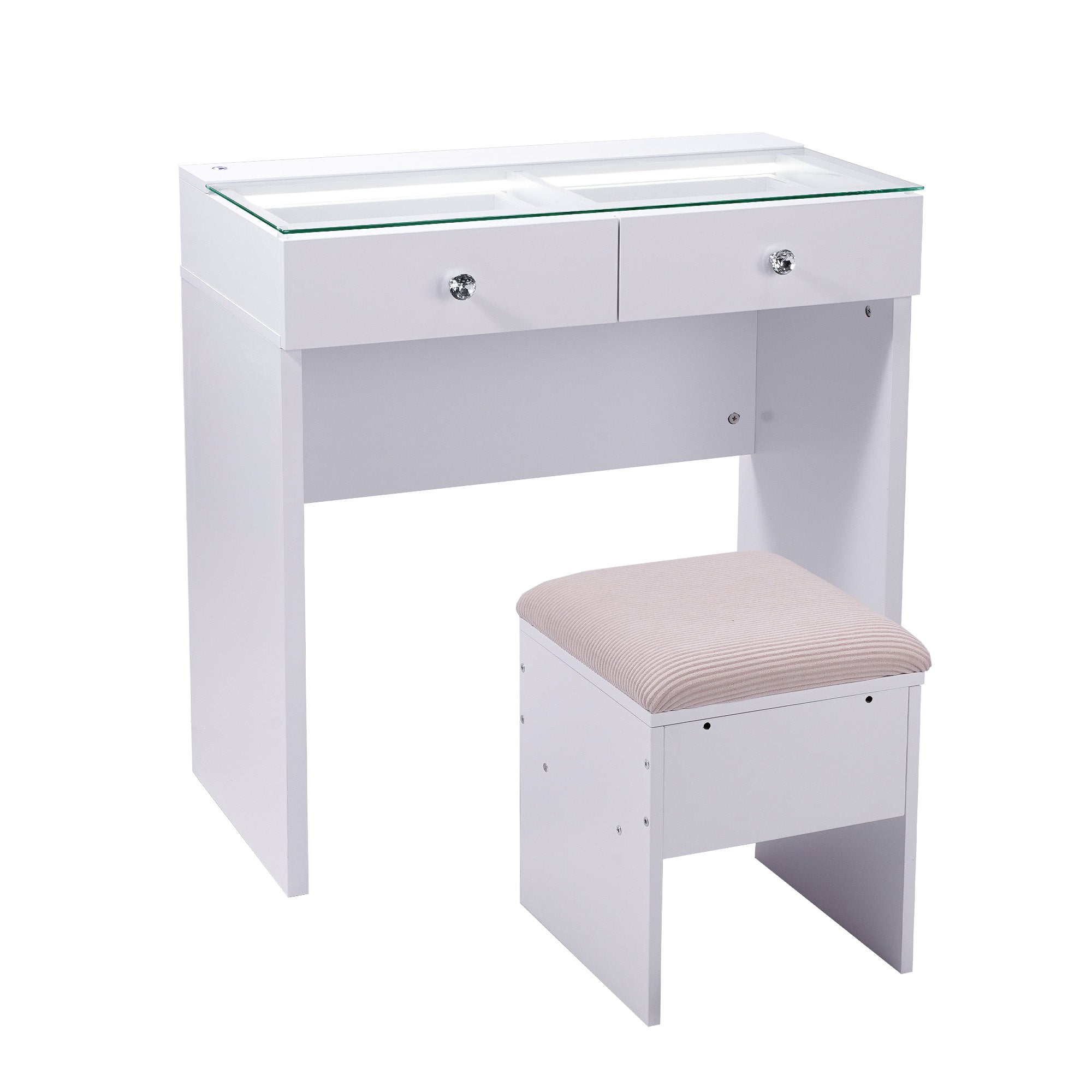 VANITII Aisling Vanity Desk features 2 Storage Drawers with Crystal Handles,built-in adjustable light strip on the desktop.It features a simple white design and perfectly combines beauty and functionality.
