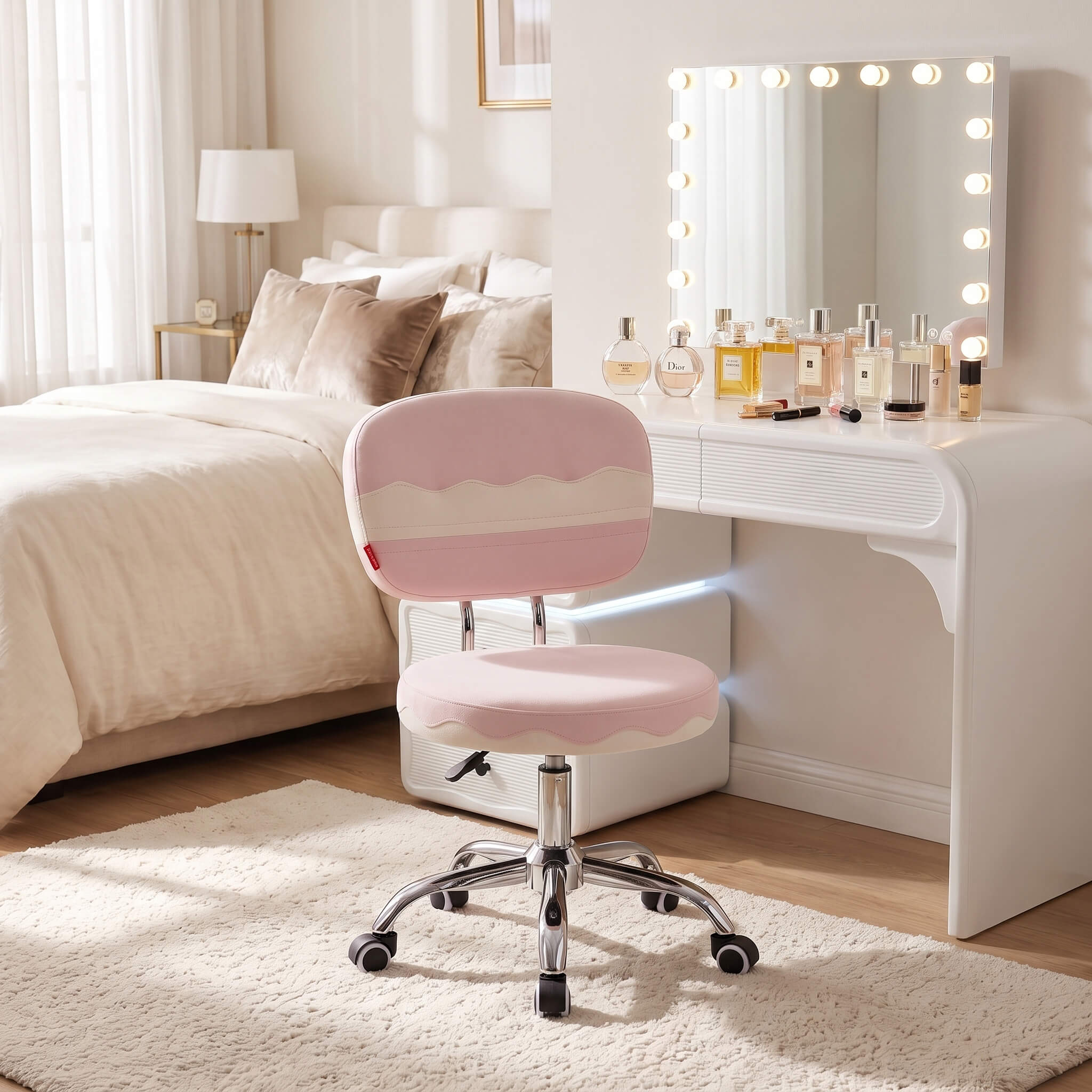 VANITII Cake pink vanity chair with wheels and lighted vanity mirror