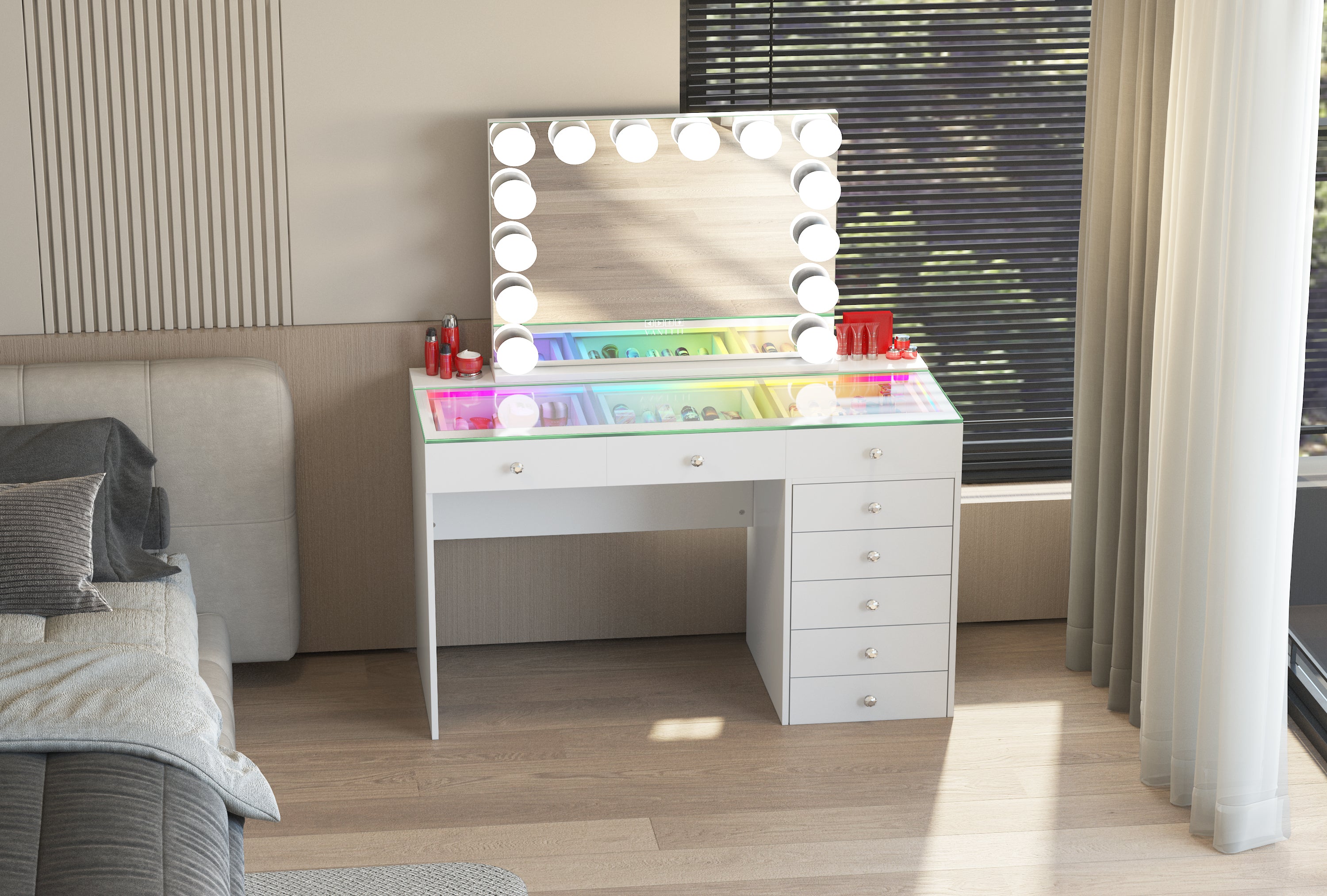 VANITII Diana 8-Drawer Vanity Desk with Hidden Storage Stool