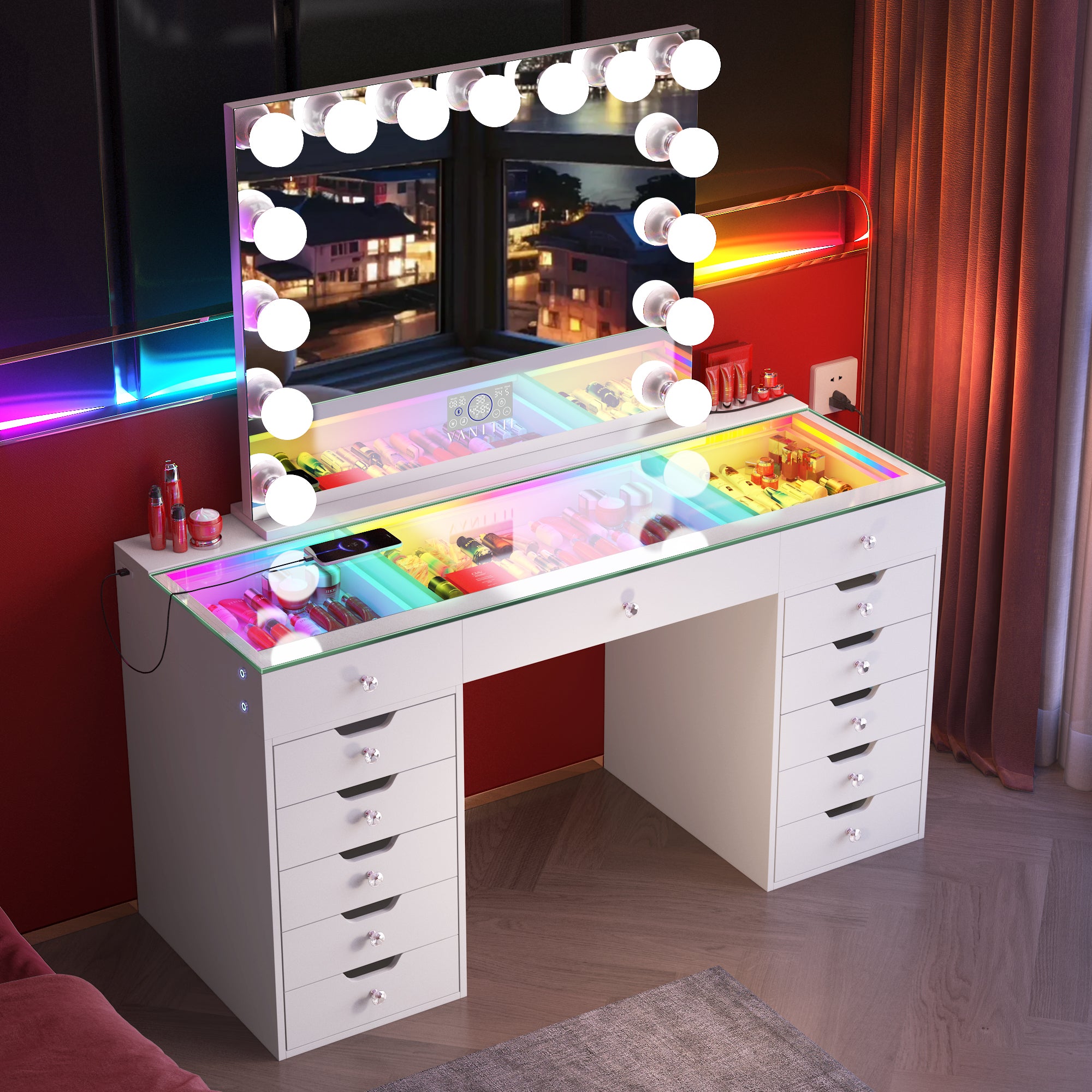 VANITII Eva Vanity Desk  - 13 Storage Drawers with RGB Lighting