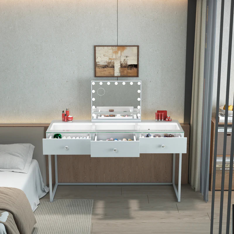 VANITII Billie 3 Storage Drawers Vanity Desk-White Light