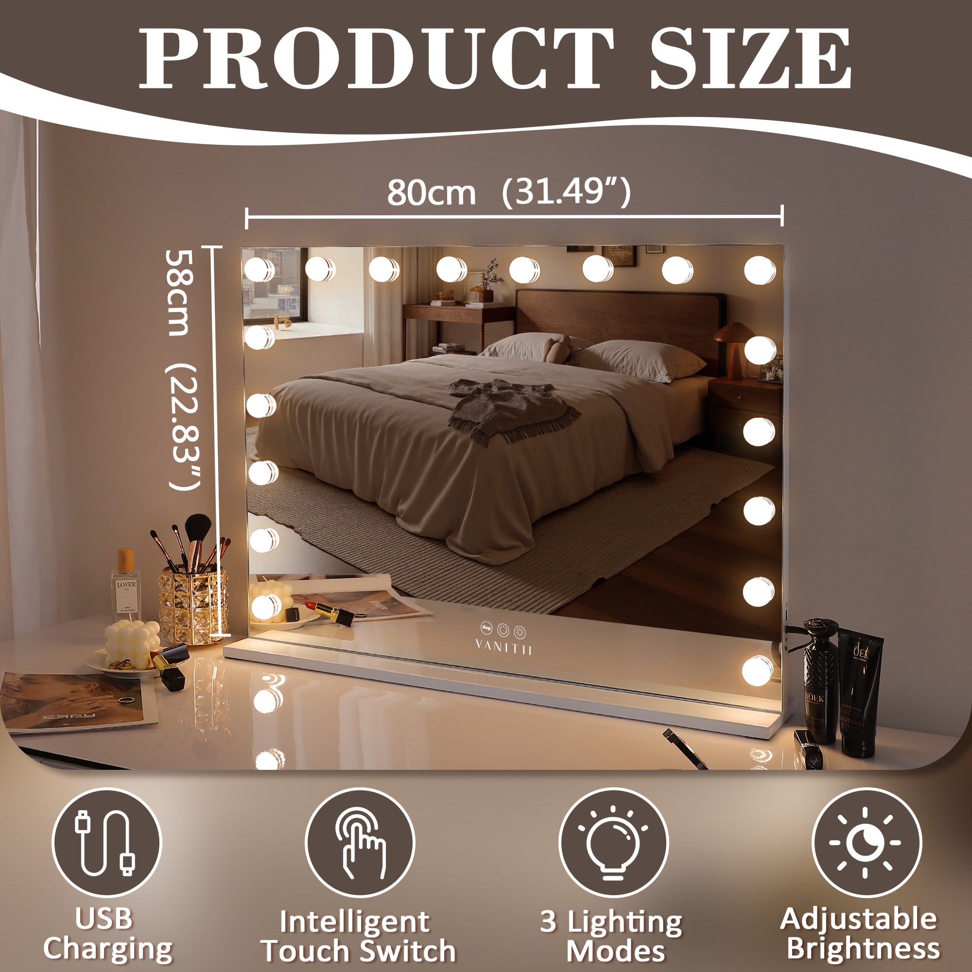VANITII 18 Bulbs Touch Control Lighted Vanity Mirror-Wall Mounting