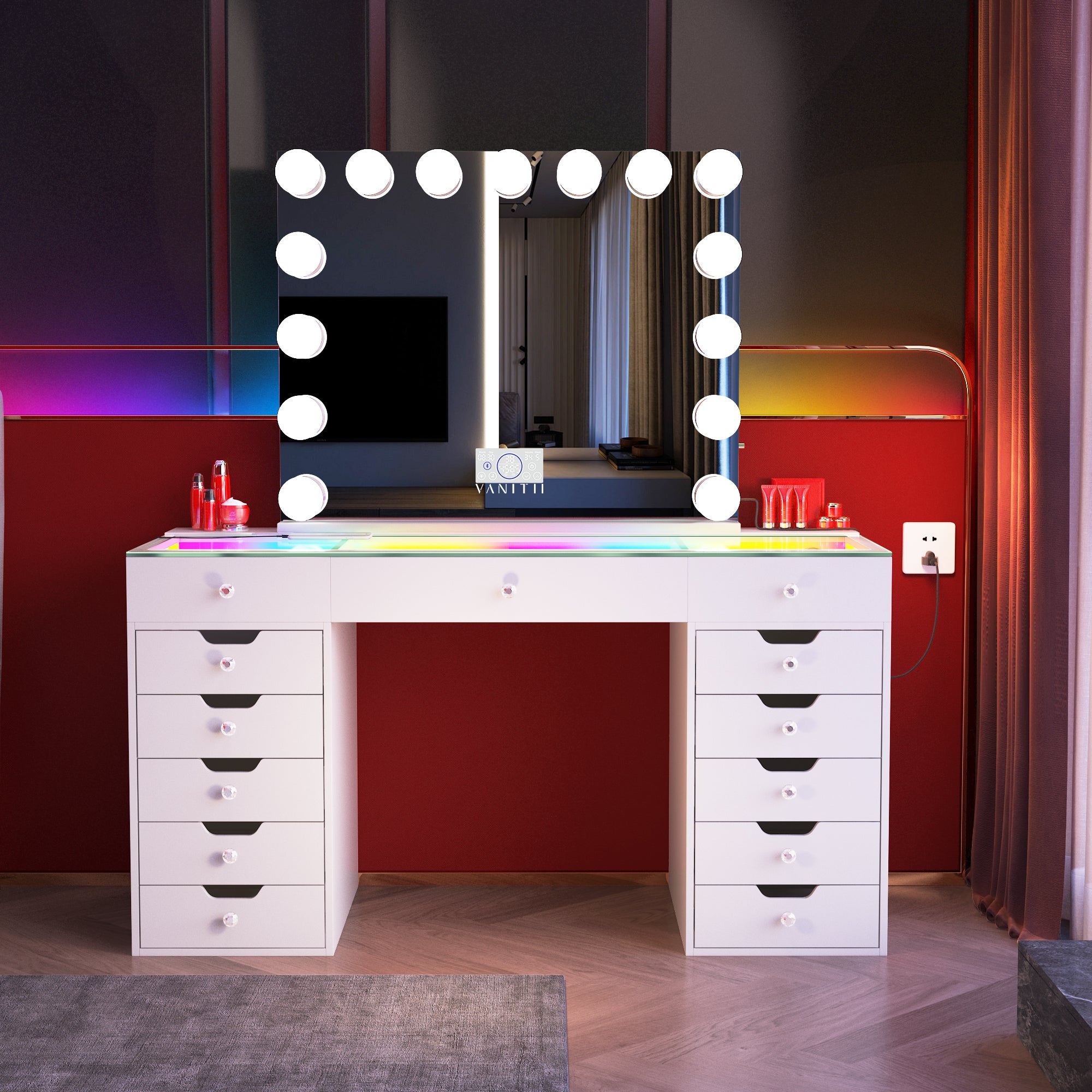 VANITII Eva Vanity Desk  - 13 Storage Drawers with RGB Lighting