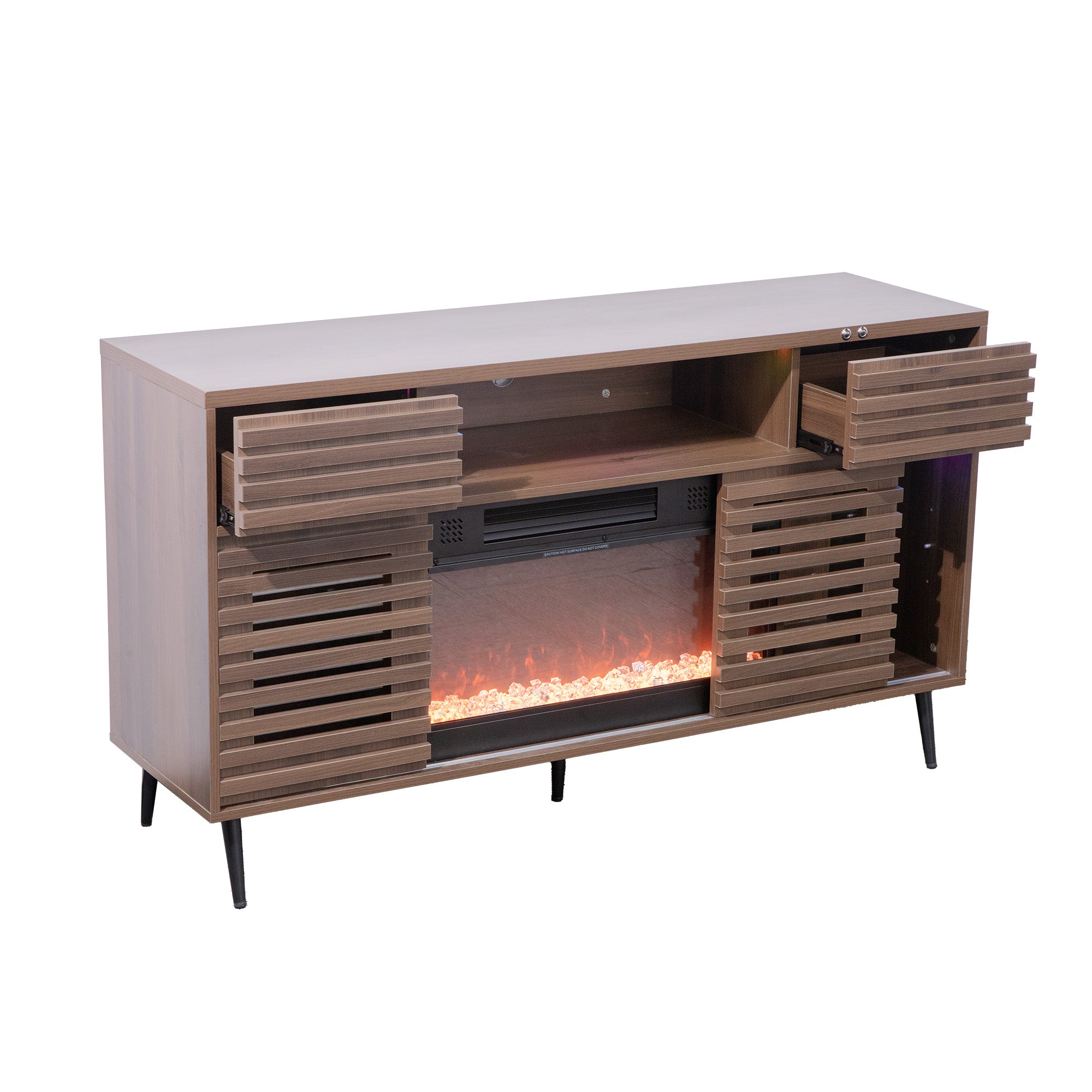 A modern walnut-coloured TV stand with a built-in electric fireplace, featuring louvred doors and ample storage space.