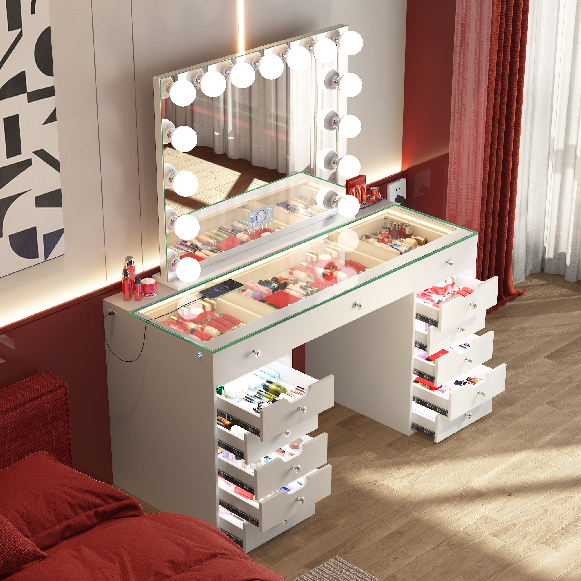 VANITII Eva 13 Storage Drawers Vanity Desk with Full Light