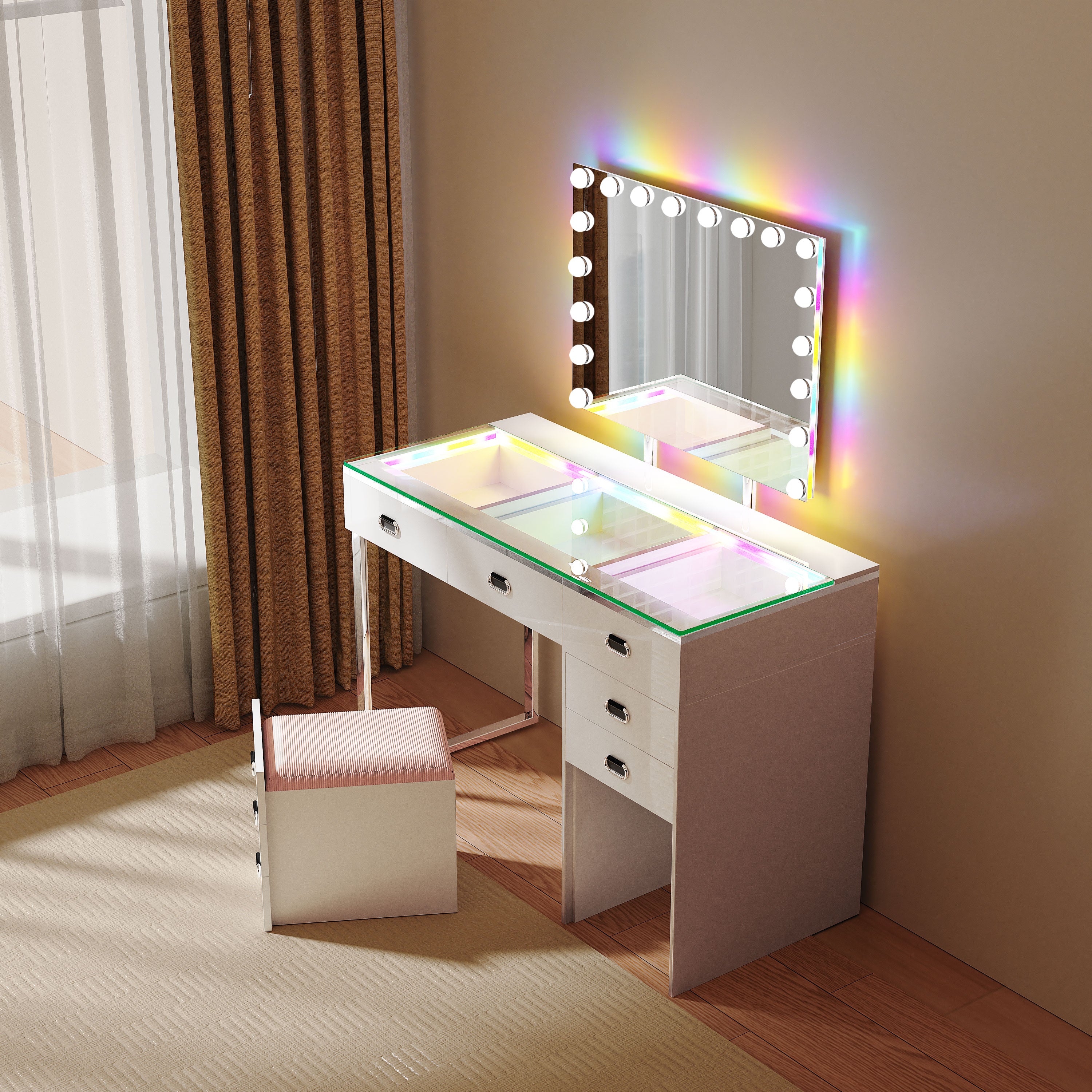 New Release ! VANITII Chelsea Vanity Set including Hidden Stool with Hollywood Music Mirror
