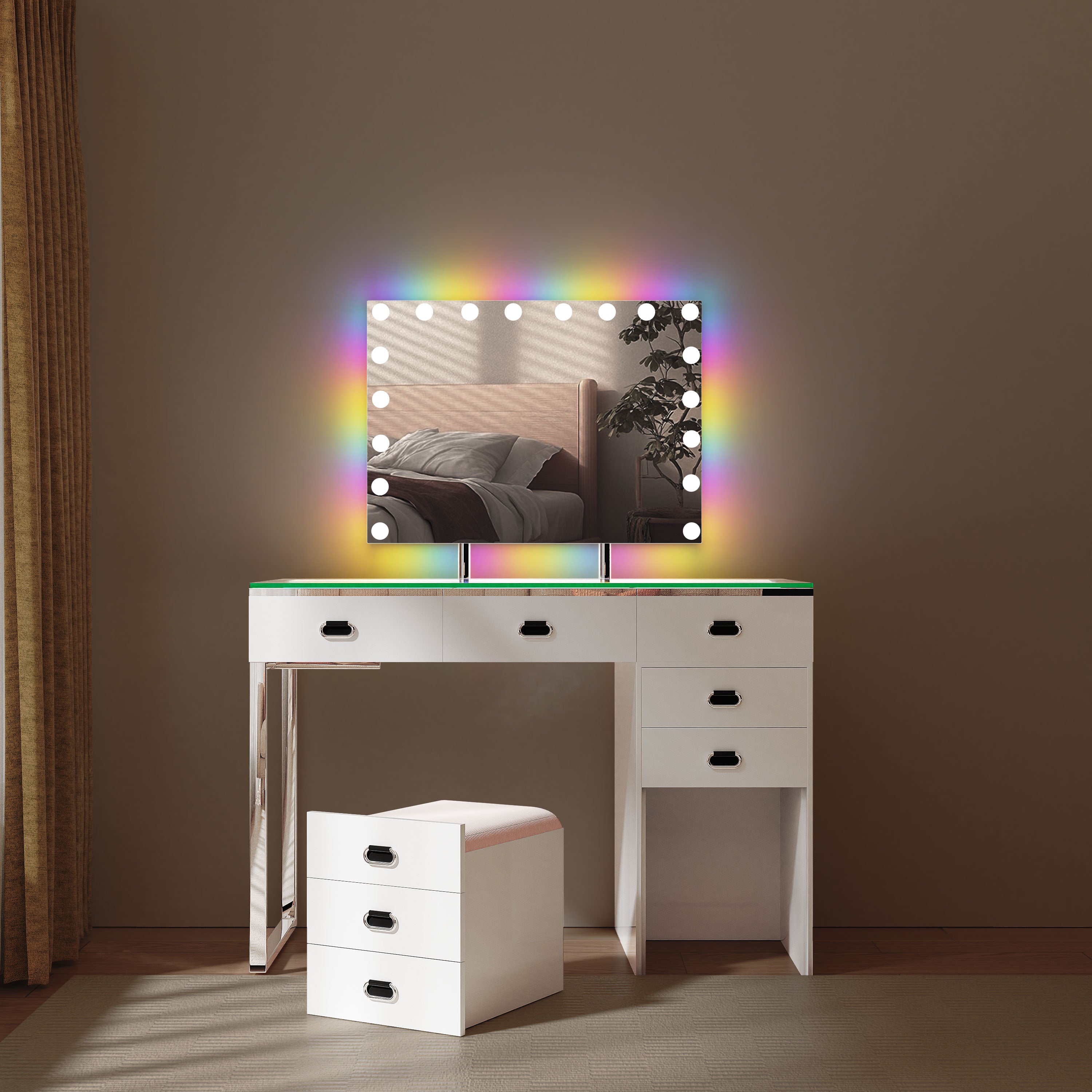 New Release ! VANITII Chelsea Vanity Set including Hidden Stool with Hollywood Music Mirror