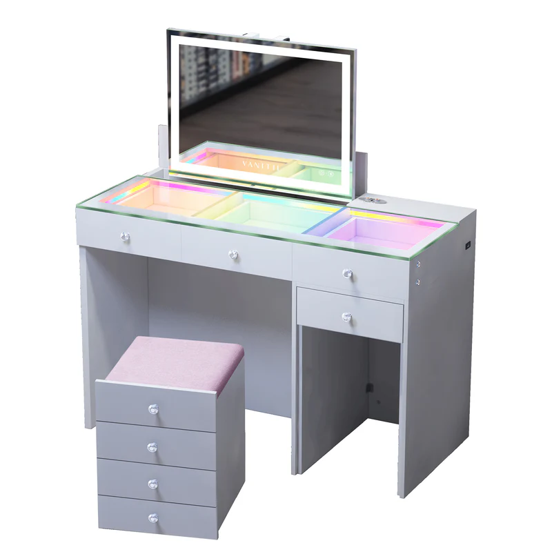 ASCEND Vanity Set featuring a LED vanity mirror, a RGB light strip glass countertop, and a hidden storage stool.It is entirely designed in a simple white style.