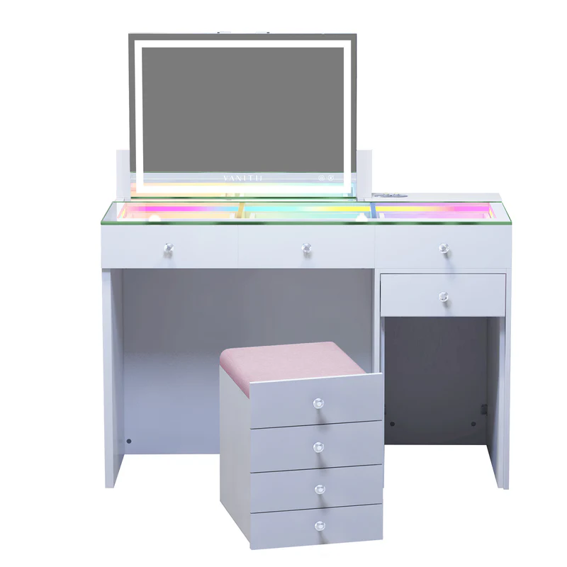 ASCEND Vanity Set featuring a LED vanity mirror, a RGB light strip glass countertop, and a hidden storage stool.It is entirely designed in a simple white style.
